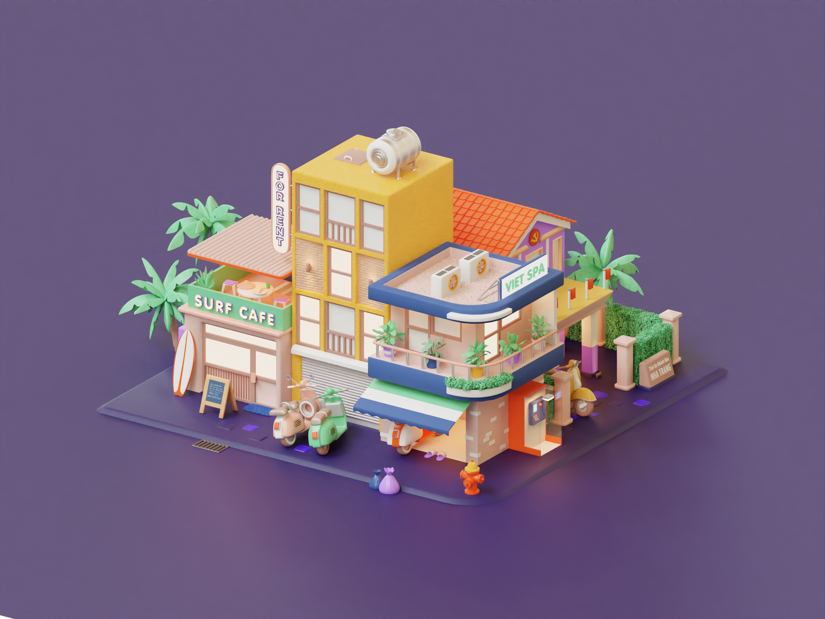 Vietnamese 3d town 3d 3d art 3d illustration app asia city diorama icon illustration isometric nft nha trang render town travel ui ux vespa vietnam