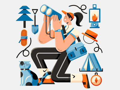 Camping - 2 animal camp camping cat character explorer girl hike illustration noise outdoor pet telescope tent traveler vector woman