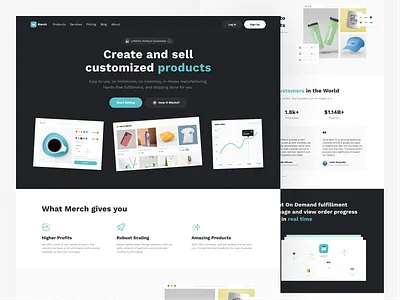 Merch - Print-on-Demand Landing Page app b2b clean design flat illustration landing page layout merch merchandise minimalist ornament print on demand products sell ui uiux