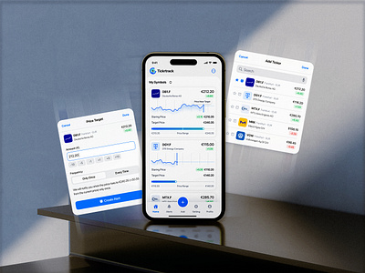 Tickrtrack-Stock Ticker Monitoring App analytics bookmark branding chart clean create alert fintech mobile mobile app my symbols notification price target stock stocks app target ticker trading trend ui widgets