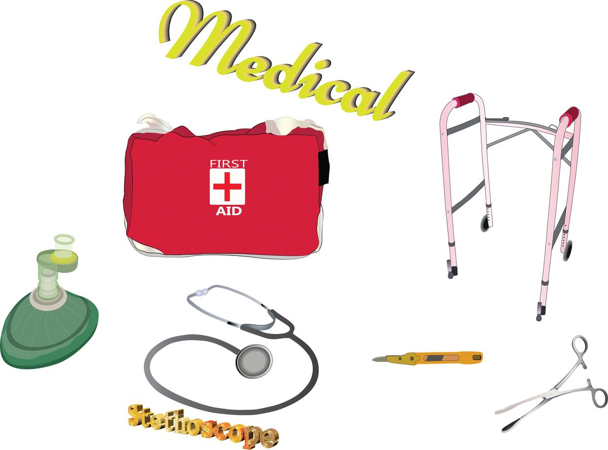 First aid kit, walker oxygen mask, stethoscope, arteries blood transfusion kit brain diagnosis doctor drill first aid kit hospital measuring device medical attention medical supplies: syringe nerves oxygen mask pliers scalpel sterile glove treatment vein. doctor wesam studio wheal chair