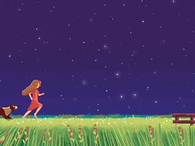 A girl and a dog run through a field at night 2d 2d animation a star is falling advertisement animals animation creative creator dog frame by frame animation girl graphic design illustration milk motion motion graphics night sweet the starry sky village