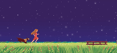 A girl and a dog run through a field at night 2d 2d animation a star is falling advertisement animals animation creative creator dog frame by frame animation girl graphic design illustration milk motion motion graphics night sweet the starry sky village