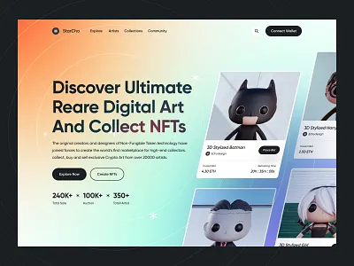 StarCho - NFT Landing blockchain crypto crypto art crypto website cryptocurrency ethereum finance gradient header holographic homepage landing page marketplace metaverse nft nftmarketplace nfts token ui ux