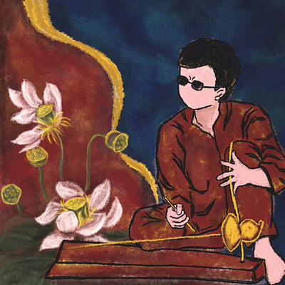 Đàn bầu_Vietnamese traditional instrument danbau digital art drawing folksong instrument music rustic vietnamese