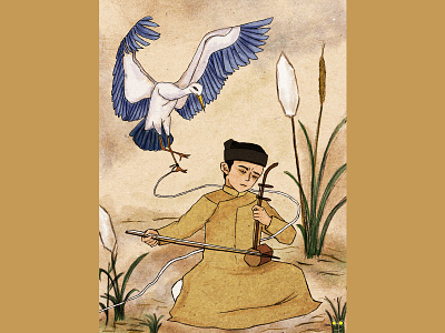 Chim mồi_Cheating bird digital art drawing folkpainting sorrow stork vietnamese wildbird
