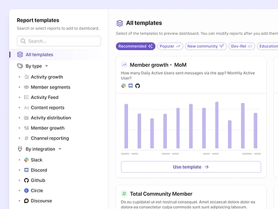 Report Templates Directory Dialog with Report Previews charts chips dialog figma graphs product design purple reporting reports saas sidebar tabs template templates ui ui design ux ui web