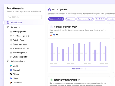 Report Templates Directory Dialog with Report Previews charts chips dialog figma graphs product design purple reporting reports saas sidebar tabs template templates ui ui design ux ui web