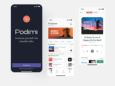 Podcast App UI/UX Design - Podimi app app design clean design design mobile app mobile app design podcast podcast app podcast mobile app ui ui app screen ui design ui designs ui screen ui ux design ux