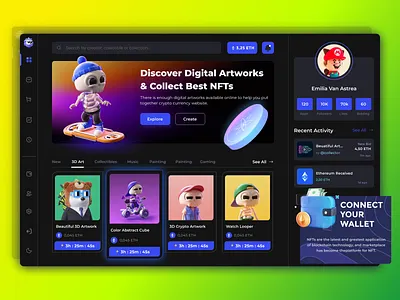 NFT Auction Marketplace User Dashboard (Dark Mode) admin admin panel analytics blockchain chart crypto wallet cryptoart design fluttertop nft nft app nft dashboard nft marketplace nft web nfts rarible ui uiux user dashboard web3