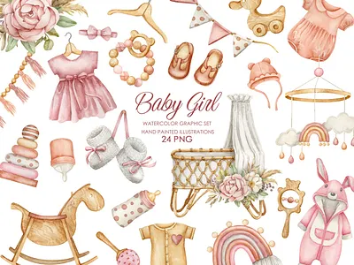Watercolor baby girl illustrations baby shower clipart design graphic design handdrawing illustration typography watercolor watercolor clipart