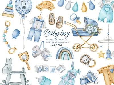 Watercolor baby boy illustrations baby shower clipart design graphic design handdrawing illustration invitations logo stickers typography watercolor