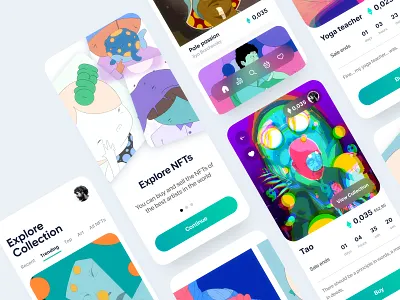 NFT Marketplace App 🌐 blockchain concept fintech illustration marketplace minting mobile app nft onboarding token uidesign