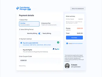 Coin Market Manager Payment Modal bitcoin branding check out checkout clean coin market manager crypto minimal payment simple ui uiux usdt ux