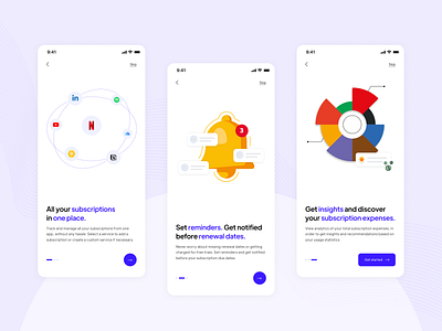 Onboarding Screens illustration mobile app onboarding onboarding screens product design subscription tracker subscriptions ui design ux design