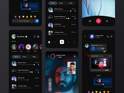 Messenger Mobile App Design - Dark Version app chat chat app chats chatting dark dark mode group chat instagram meeting message messaging messenger app mobile chat mobile ui social telegram ui video call whatsapp