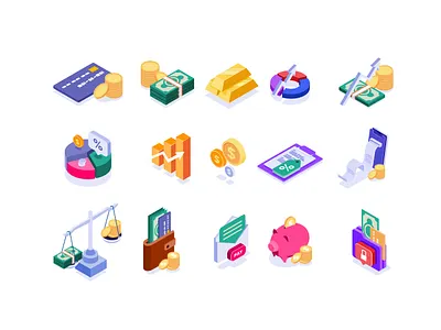 Financial Things Isometric Icons bank coins design finance financial graphic design graphics illustration isometric minimalism monetery money vector