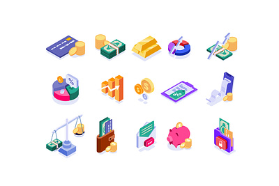 Financial Things Isometric Icons bank coins design finance financial graphic design graphics illustration isometric minimalism monetery money vector