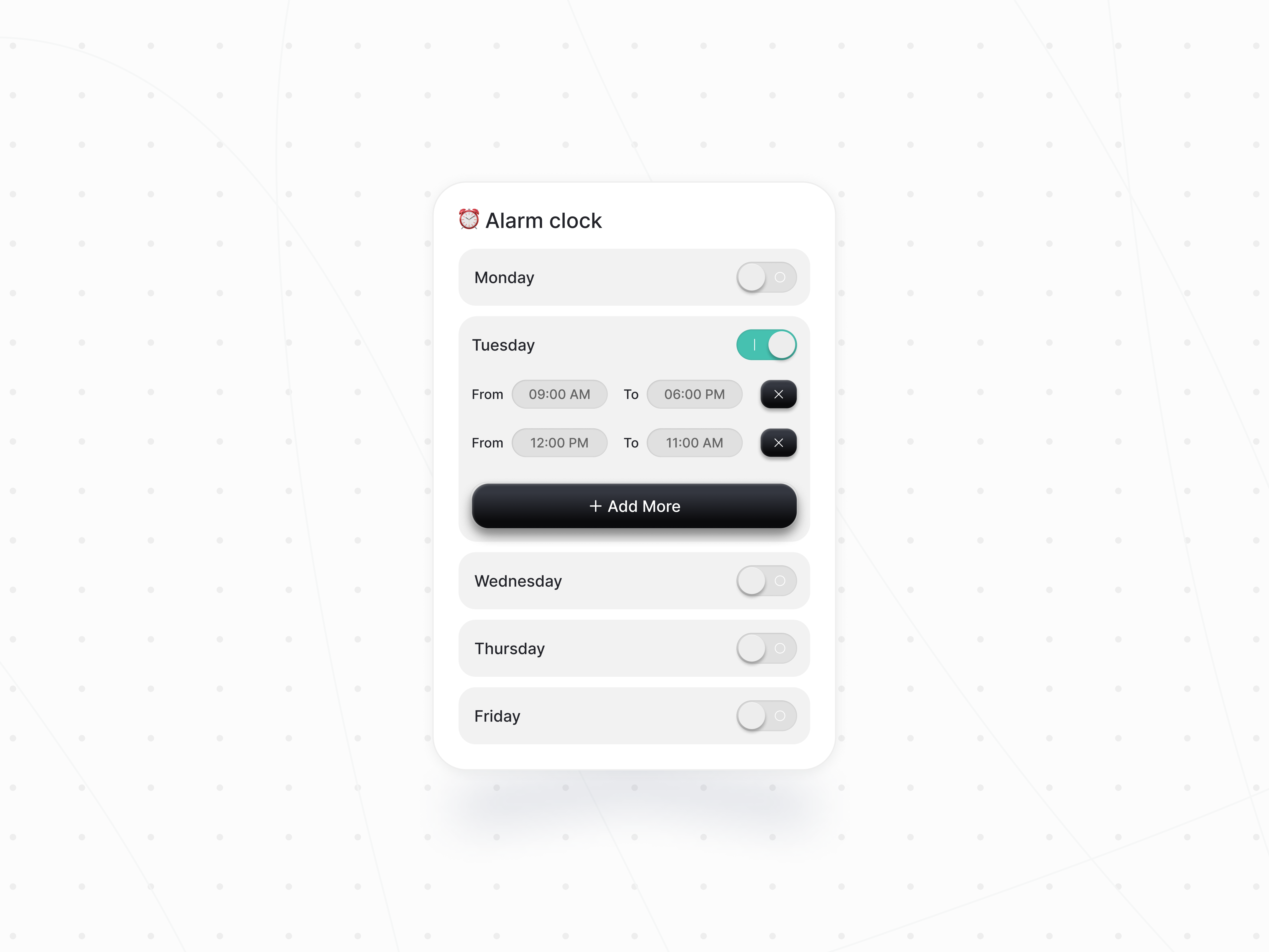 Alarm Clock UI Design for Enhanced Productivity 3d app cleanui clock component design figma graphic design productdesign ui ui component uicomponent uidesign uiux user interface