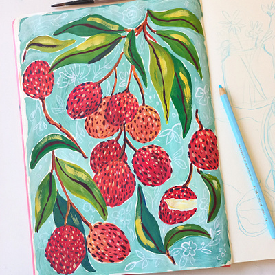 Lychee season art drawing food fruits gouache hand drawn illustration kitchen lychee painting sketchbook