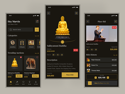 Online Auctions App - Dark Theme antiques app app design artwork auctions bidding cart clean ui design e commerce jewellery marketplace minimal mobile app mobile app design online online arts sell store uiux