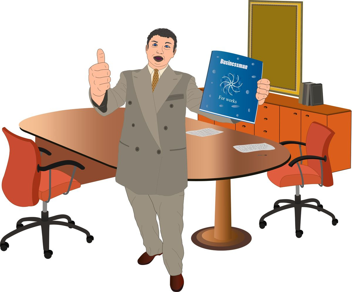 A businessman in an orange office, holding a blue folder. accounting books business chair diary fax folders notebook notebooks office office worker paper papers pens printing stapler table telephone volumes wesamstudio