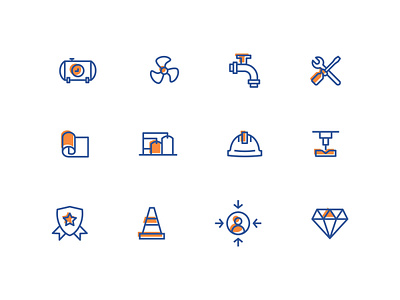 DePue Mechanical :: Icons blue factory icon set iconography icons industrial mechanical minimal icons orange ui