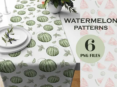 Watercolor watermelon set patterns blue flowers seamless blue seamless pattern graphic design