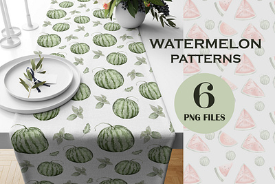 Watercolor watermelon set patterns blue flowers seamless blue seamless pattern graphic design