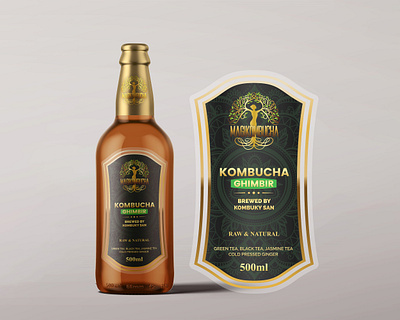 Kombucha Label Design bottle branding graphic design illustration kombucha label logo mockup