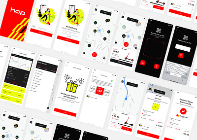 Hop Scooter Mobile App Pages - Case Study app design e scooter hop illustration map minimal mobile app neon payment qr scan scooter ui ux