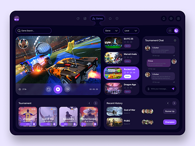 Gamely - Game Streaming Dashboard UI darkmodedesign dashboarddesign designinspiration easportsdashboard esports football gamedashboard gamestreaming gamingplatform gamingui god of war ibrahimuix interactiondesign productdesign streamingplatform