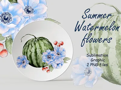 Watermelon Blue Flowers Anemones Bouquet Set Sublimation flower