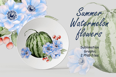Watermelon Blue Flowers Anemones Bouquet Set Sublimation flower