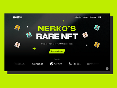 Nerko NFT Portfolio [hero section] — dark branding crypto design figma hero section html html5 illustration nerko nft nft portfolio site template super rare nft ui ux web design wordpress