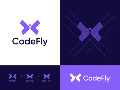 CodeFly, web, mobile app development company, modern logo design brackets brand identity branding butterfly code coding developer development development company fullstack it logo design mobile app modern programming software tech technology type code web