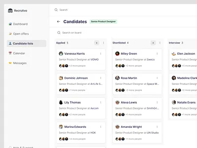 Recrutivo - Candidates Kanban board candidate board candidate kanban candidate list candidates cards clean kanban board clean kanban design components dashboard hr kanban kanban board kanban board design kanban cards kanban component modals navigation navigation component product design sidebar