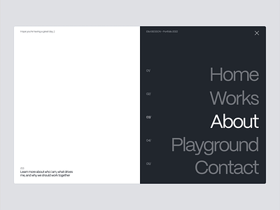 Portfolio 2022 - Full Page Menu animation designer designer portfolio full page menu hover interaction menu nav portfolio ui ui design website
