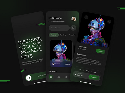 NFT Marketplace - Mobile App app bid collection dark design gradient graphic design green marketplace mobile nft nft marketplace place a bid purple ui uidesign uiux