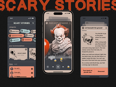 Scary Stories app app application audio blog dark darktheme halloween horror interaction interactive october podcast scary stories ui ux