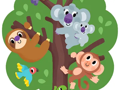 A tree full of friends animal bird cute illustration illustrator kids lizard monkey vibrant