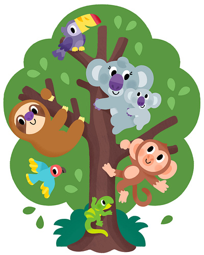 A tree full of friends animal bird cute illustration illustrator kids lizard monkey vibrant