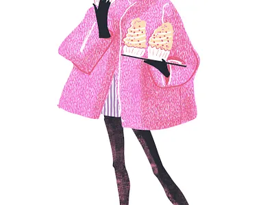 Fashion illustration - cute slim girl in pink coat with cupcakes book illustration character character design design digital editorial fashion girl illustration people people illustration portrait pretty woman procreate woman woman illustration