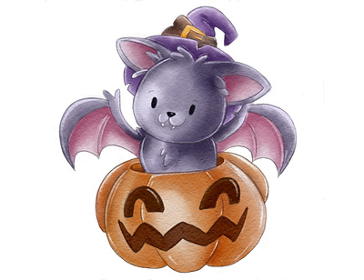 Watercolor Halloween bat on pumpkin bat haloween hand drawn illustration procreate pumpkin watercolor watercolour witch