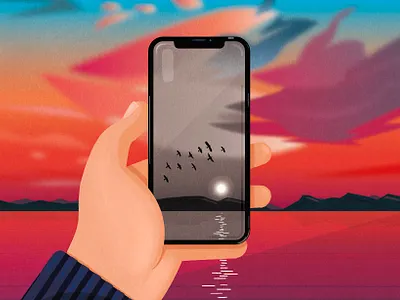 Cut down your Screen Time - Wall Street Journal blackandwhite editorial illustration phone sunset