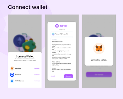 NotieFi - Connect wallet blockchain chain coinbase connect wallet crypto defi events inspiration metamask mobile app notification seed phrase ui uiux web3