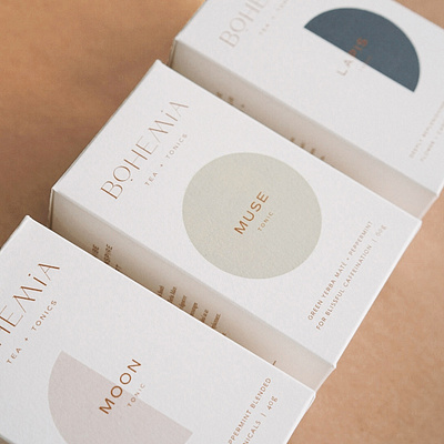 Bohemia Tea & Tonics Branding & Packaging bohemia bohemian branding circles design logo logodesign minimal packaging minimalist branding packaging packaging design semicircles simplicity simplistic packaging design tea branding tea packaging typography