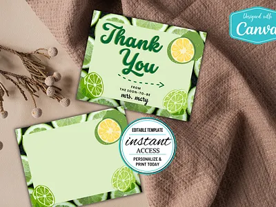 #015 Double Sided Thank You Card Lime Fruits Collection CANVA canva canva template citrus design lime thank you card thank you design template