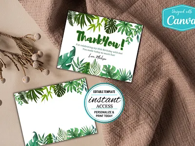 #007 Double Sided Green Monstera Thank You Card CANVA Template canva canva template graphic design monstera thank you card thank you design template