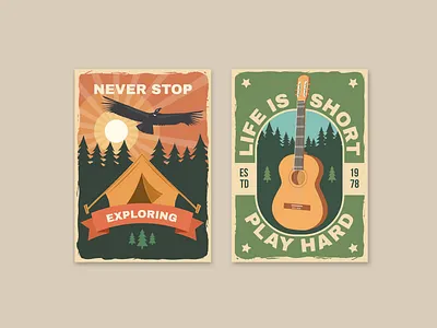 Outdoor Adventure Posters adventure banner camp camping camping tent condor family guitar hike hiking illustration outdoor poster tent travel vector